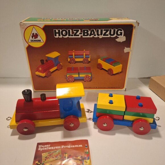 Complete Vintage Eichhorn Holz-Bauzug Wooden Train Set Age2+ Original Box Blocks - Picture 2 of 12
